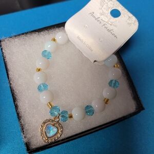 White and Blue Beaded Bracelet with Heart Charm